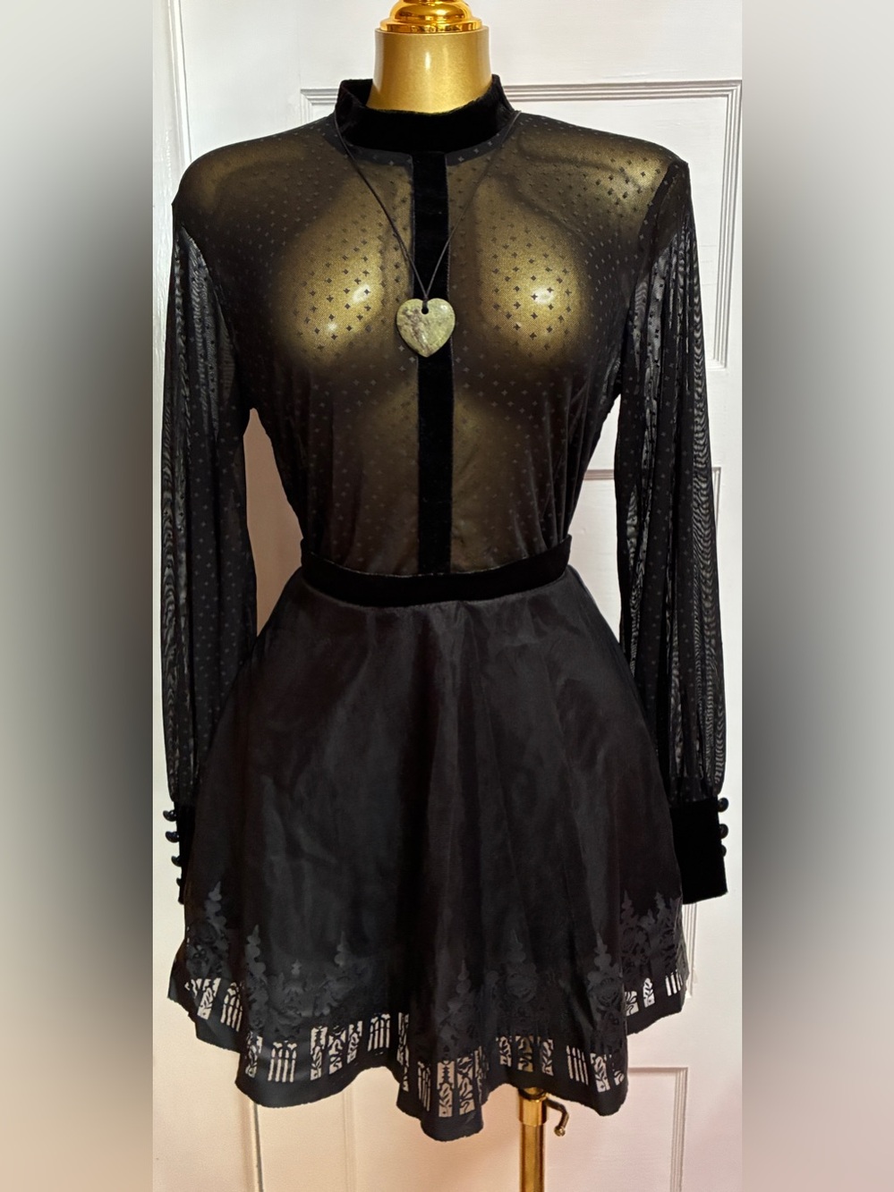 Gothic Witch Halloween Mini Dress Sheer Swiss Dot Velvet Accent Costume S/M